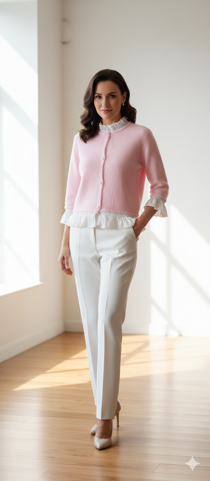 Gilet maille douce LOVENA PARIS - finitions volantées romantiques (rose et bleu)