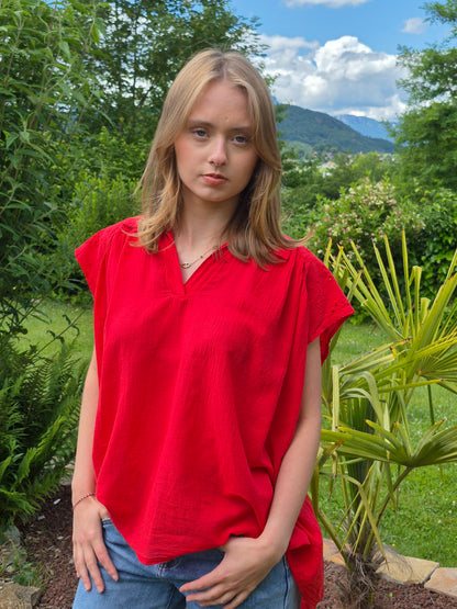 Blouse fluide à col en V et broderies ALLEN & JO