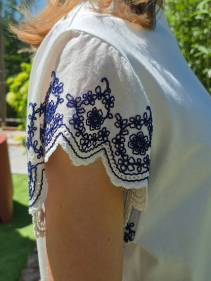 T-shirt blanc manches broderie marine JOHANNA PARIS