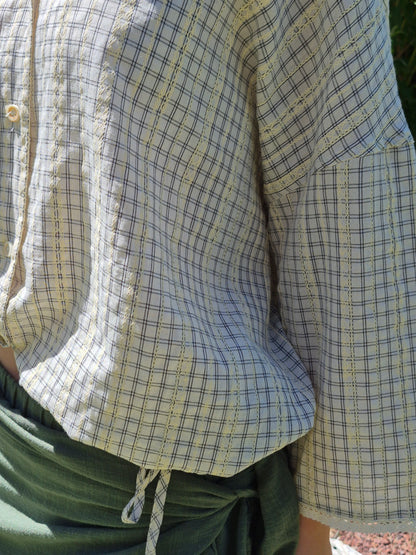 Chemise carreaux fins crème et noir avec bandes jaunes texturées JOHANNA PARIS
