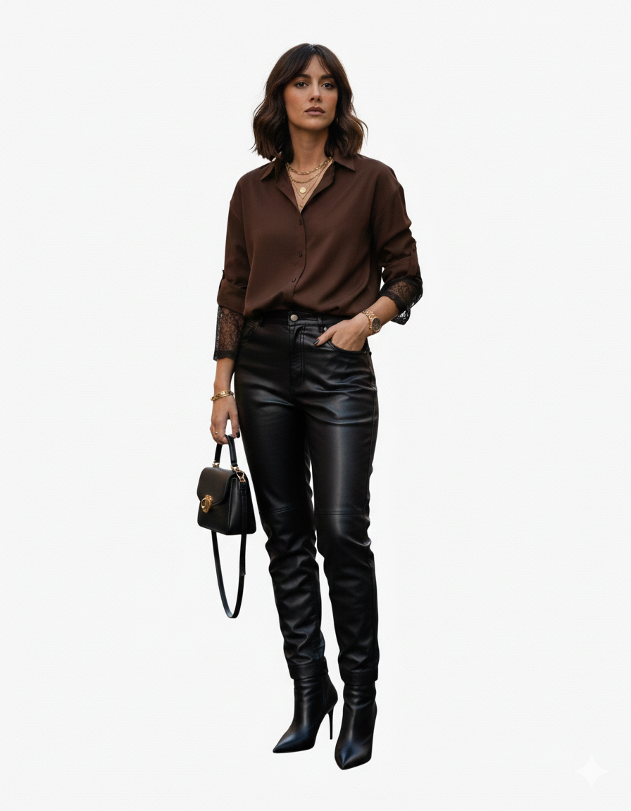 Chemise KEZY manches dentelles marron