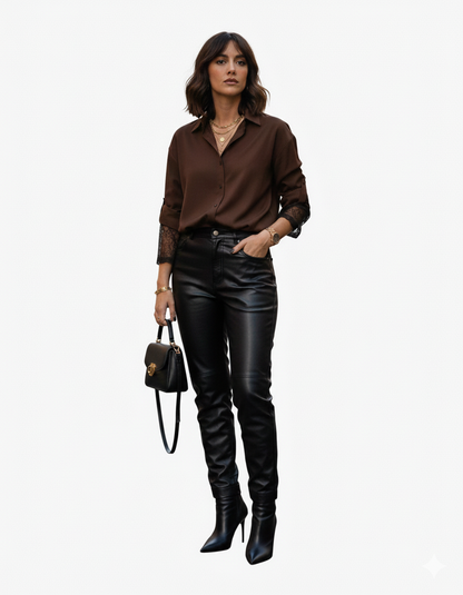 Chemise KEZY manches dentelles marron