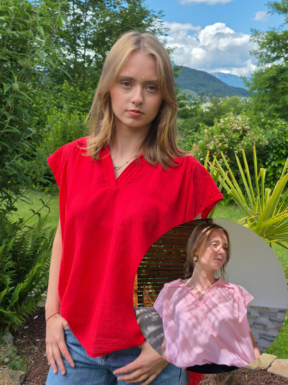 Blouse fluide à col en V et broderies ALLEN & JO