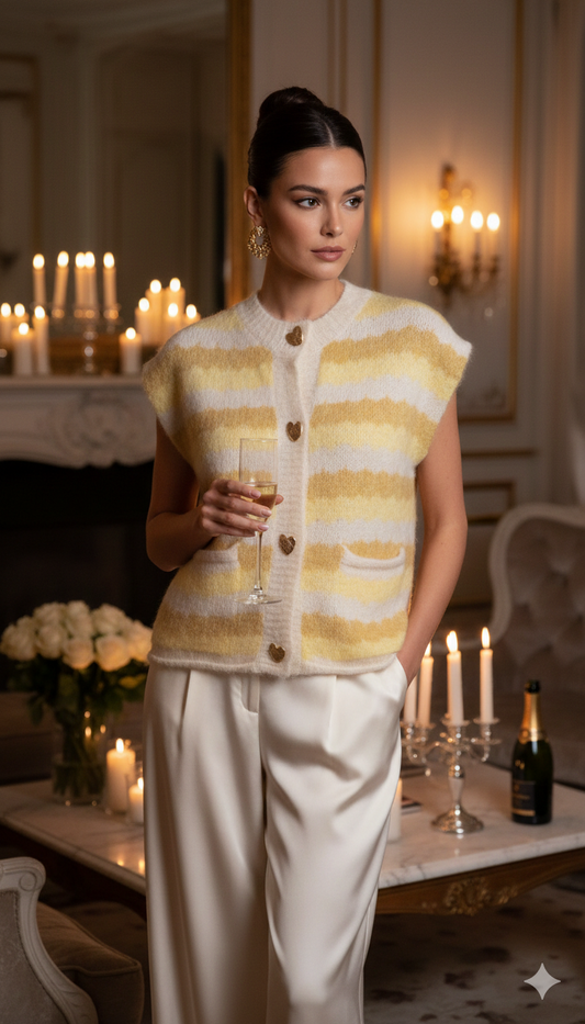 Gilet Maille Duveteuse et Boutons Cœurs Lavish