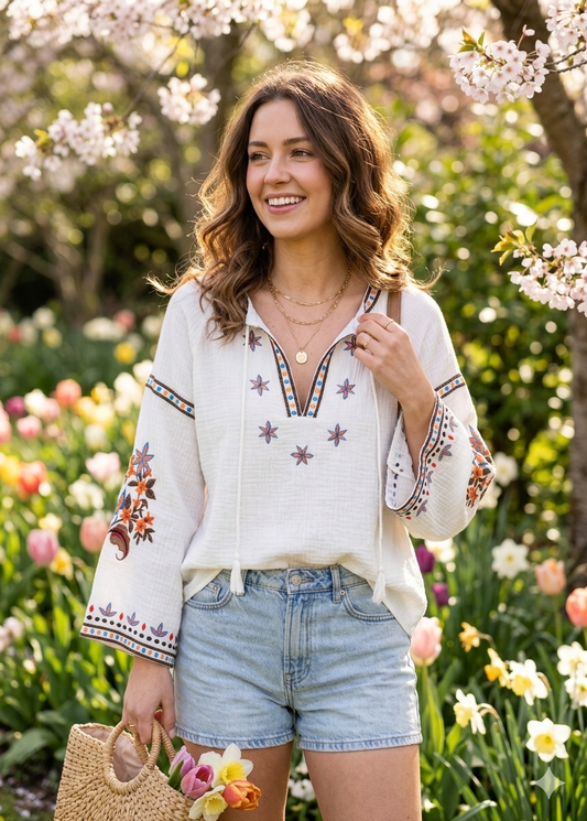 Blouse Bohème "Calypso" – Coton Gaze & Broderies Florales