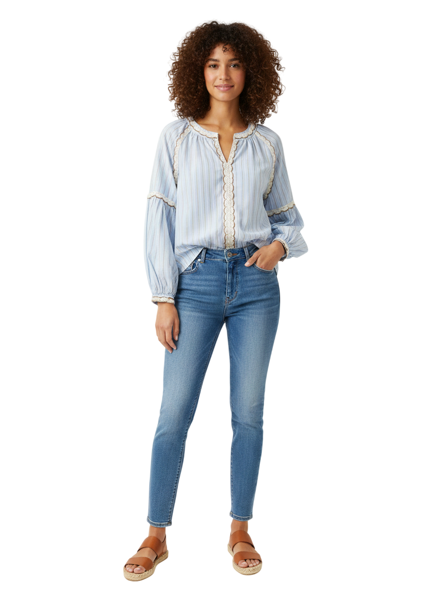 Blouse rayures azur LAMIAR - dentelle crochetée