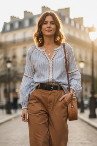 Blouse rayures azur LAMIAR - dentelle crochetée