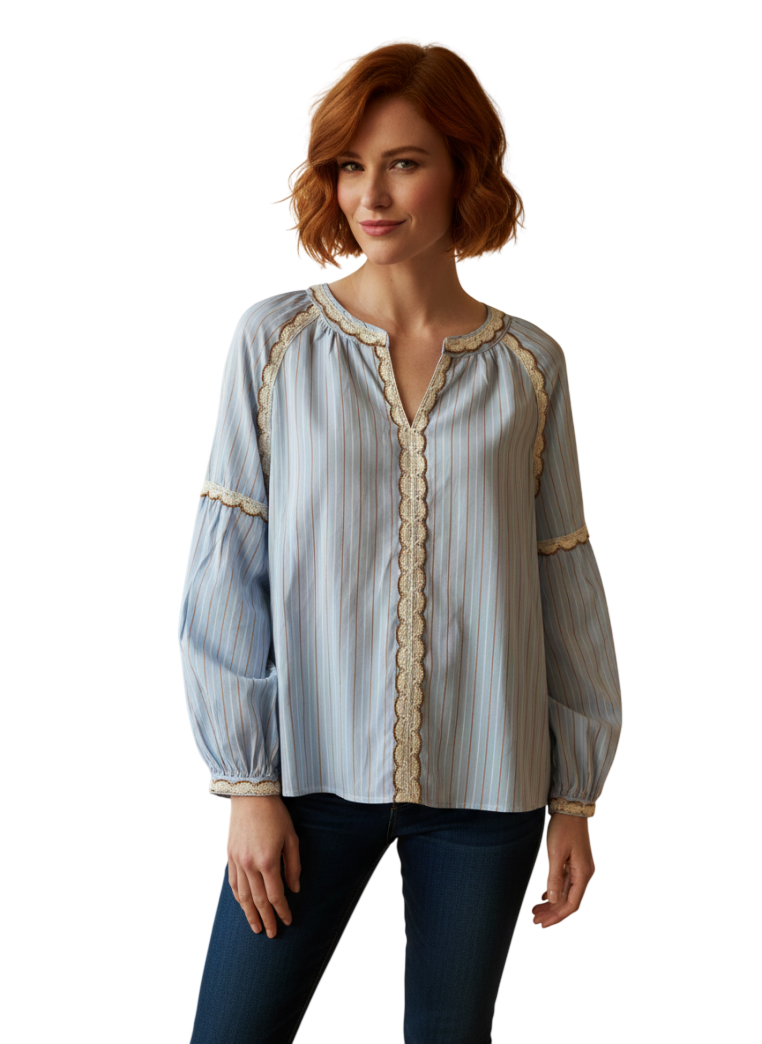 Blouse rayures azur LAMIAR - dentelle crochetée