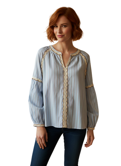 Blouse rayures azur LAMIAR - dentelle crochetée