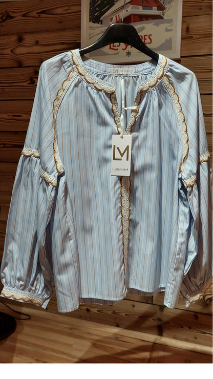Blouse rayures azur LAMIAR - dentelle crochetée