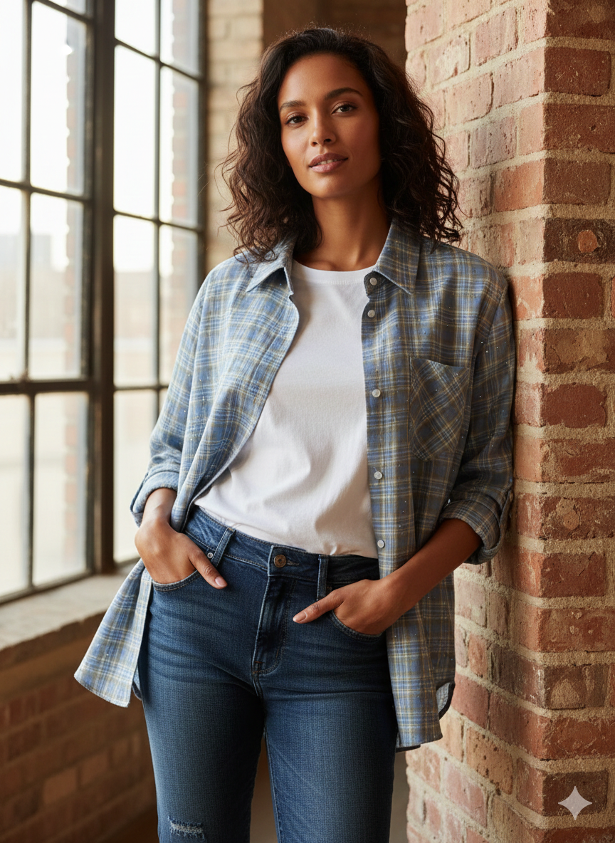 Chemise à carreaux Flament Rose - Bleu gris/Beige et Strass Délicats
