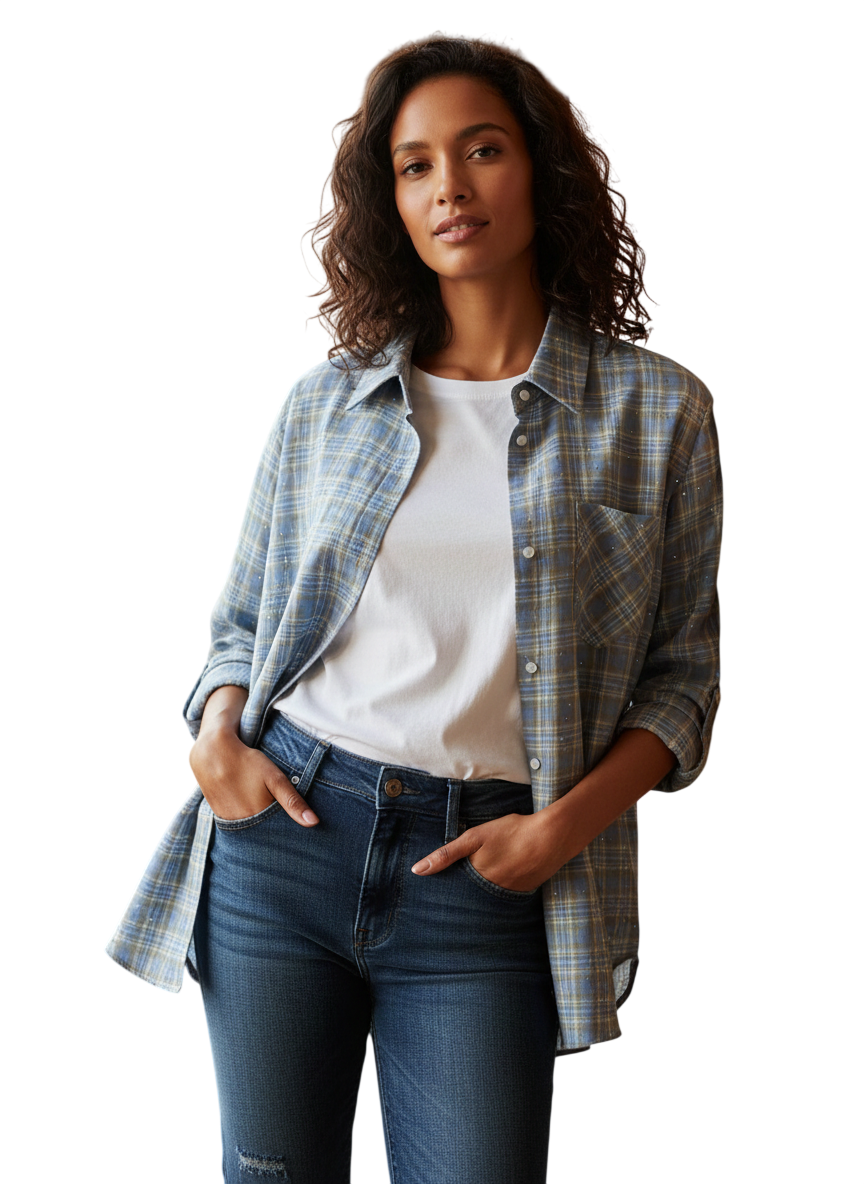 Chemise à carreaux Flament Rose - Bleu gris/Beige et Strass Délicats
