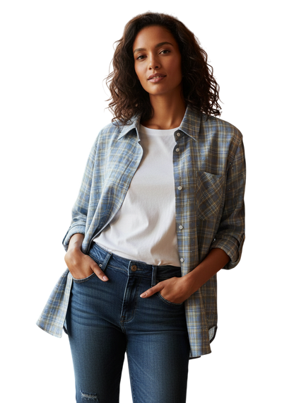 Chemise à carreaux Flament Rose - Bleu gris/Beige et Strass Délicats