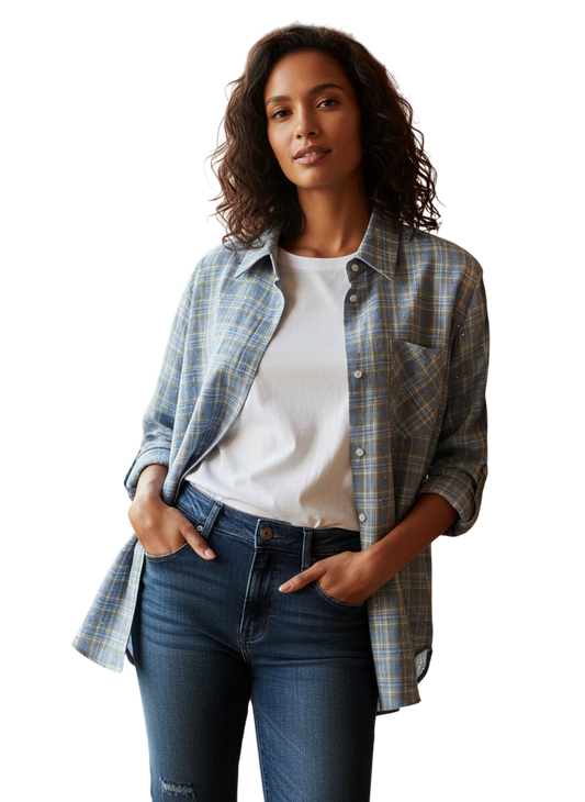 Chemise à carreaux Flament Rose - Bleu gris/Beige et Strass Délicats