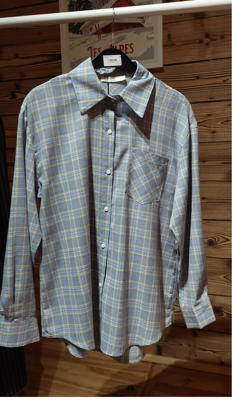 Chemise à carreaux Flament Rose - Bleu gris/Beige et Strass Délicats