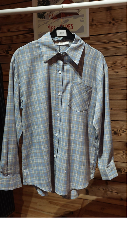 Chemise à carreaux Flament Rose - Bleu gris/Beige et Strass Délicats
