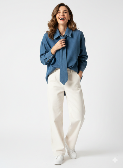 Chemise Denim "City Tie" – Détail Cravate Intégré (100% Coton)