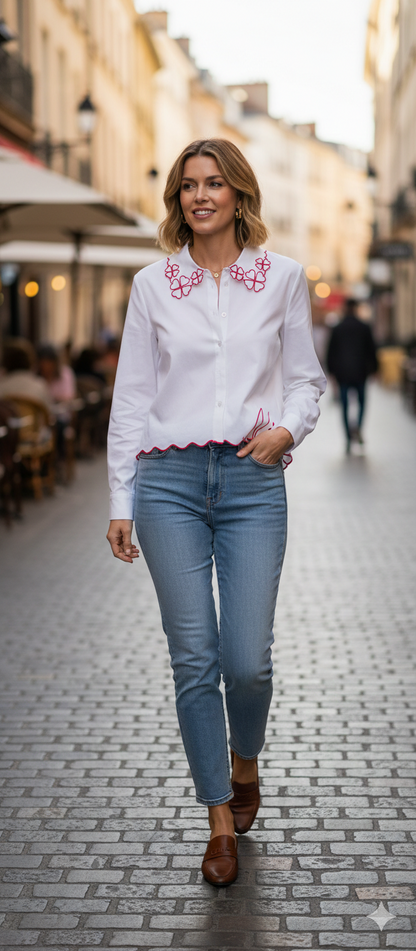Chemise broderies Trèfles rouges ou bleus & Signature "Nice"