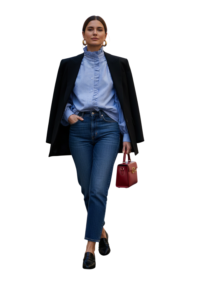 Chemise JS MILLENIUM rayures azur & jabot volanté