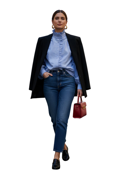 Chemise JS MILLENIUM rayures azur & jabot volanté