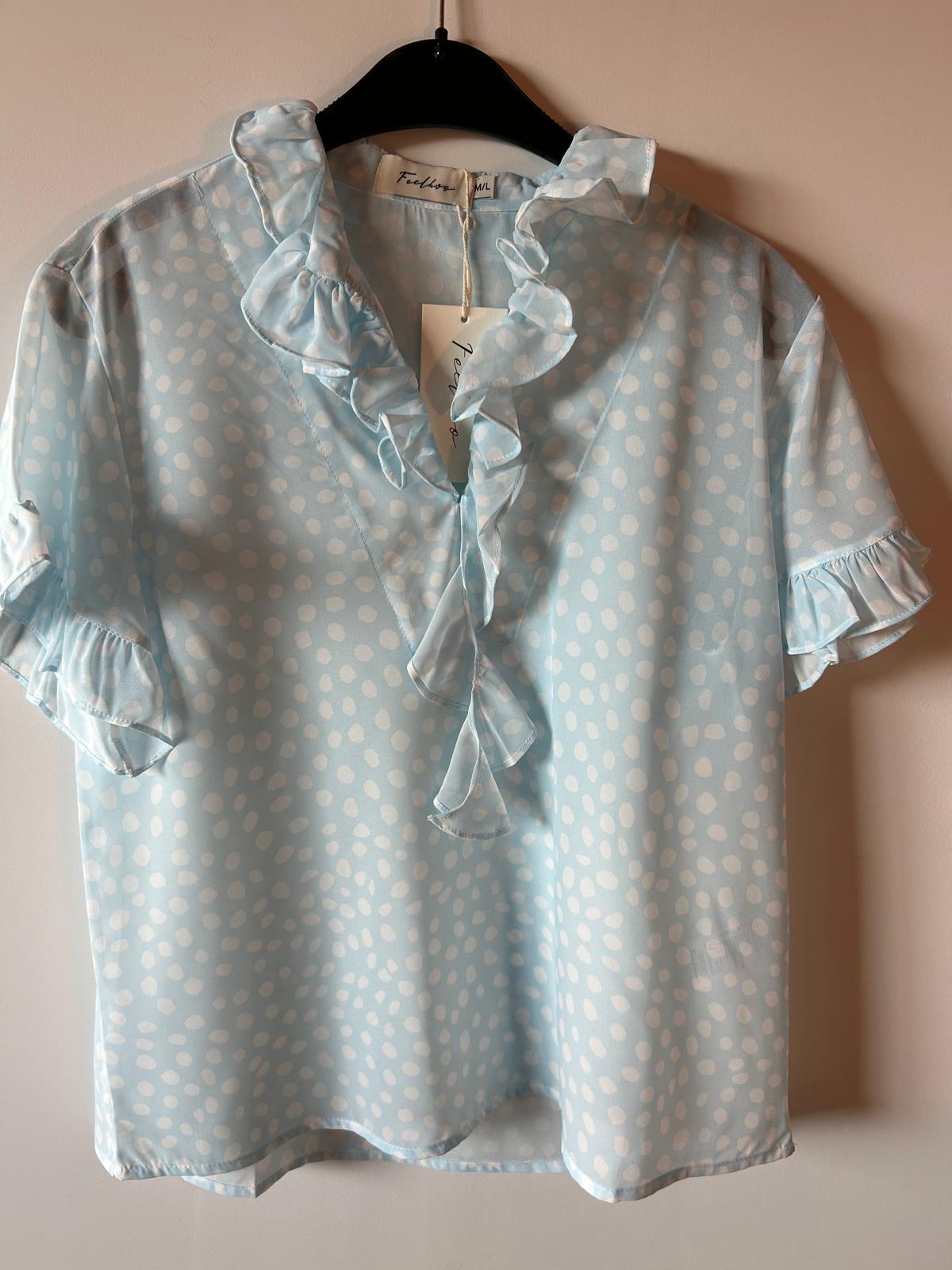 Chemisier manche courte Bleu et pois & Volants Cascade