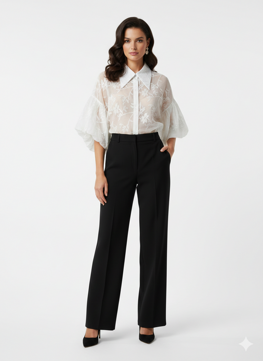 Chemisier KEZY motif feuille Organza Brodé & Manches Ballons