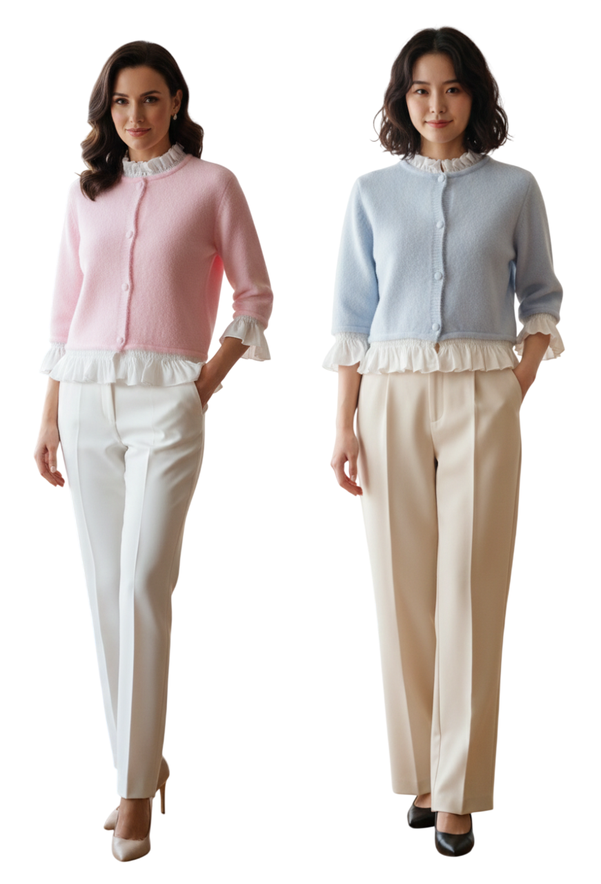 Gilet maille douce LOVENA PARIS - finitions volantées romantiques (rose et bleu)