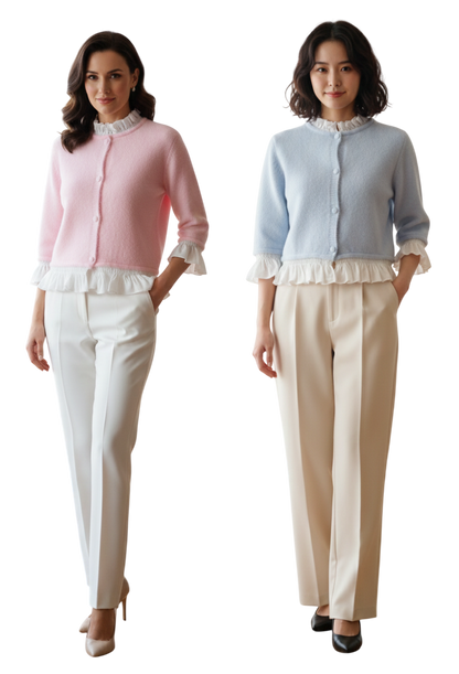 Gilet maille douce LOVENA PARIS - finitions volantées romantiques (rose et bleu)