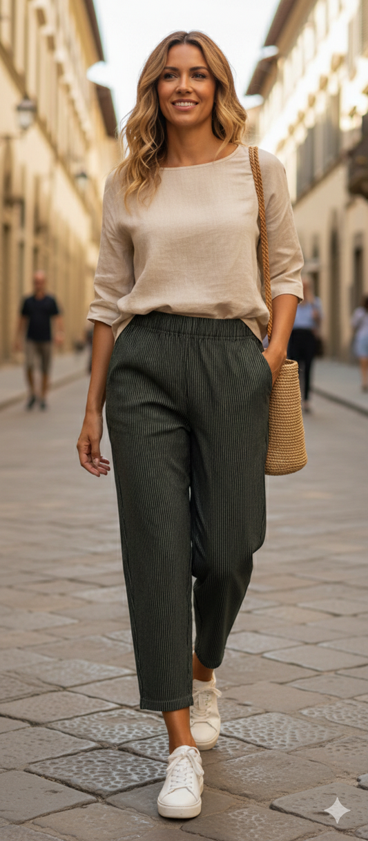 Pantalon marine et kaki rayé & Coupe Fluide