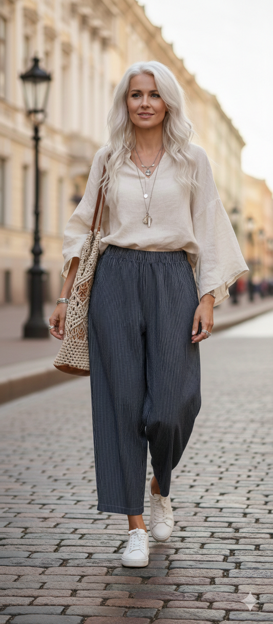 Pantalon marine et kaki rayé & Coupe Fluide