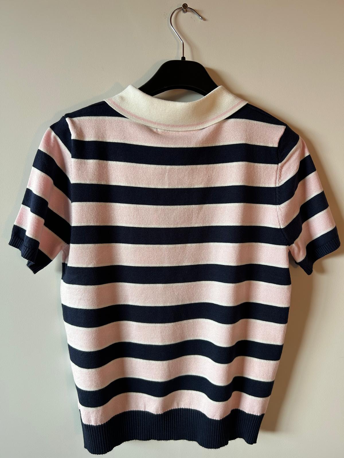 Polo en Maille "Chloé" – Rayures Marine & Rose Pastel