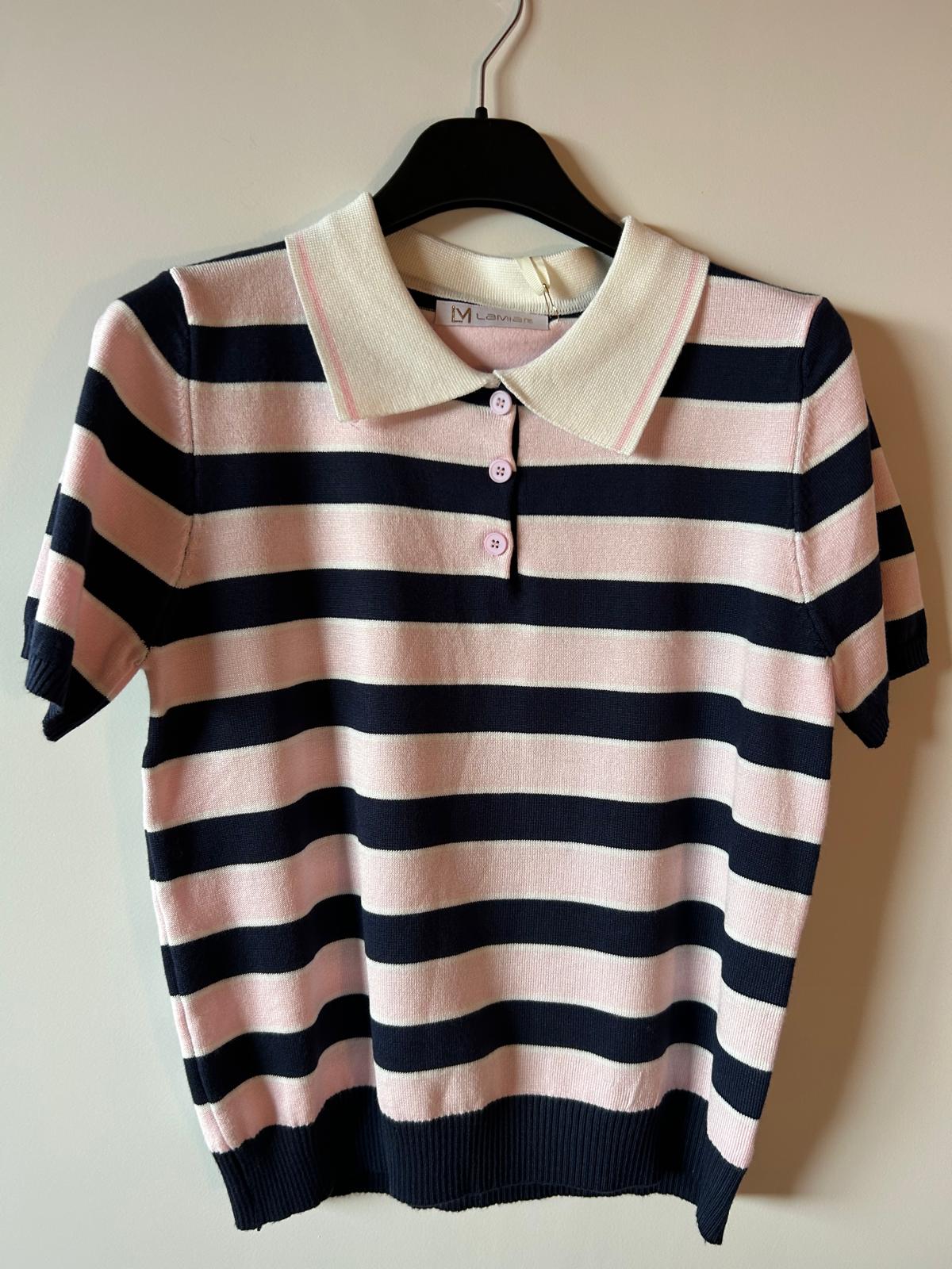 Polo en Maille "Chloé" – Rayures Marine & Rose Pastel