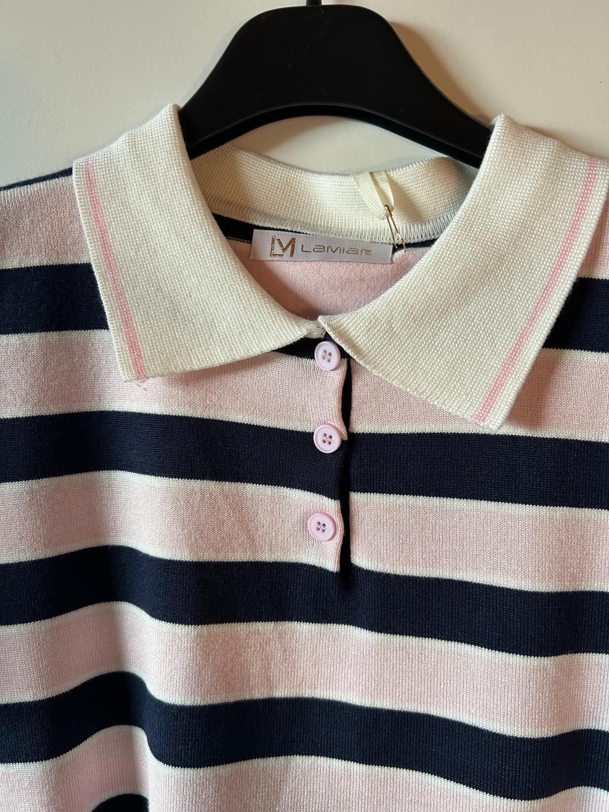 Polo en Maille "Chloé" – Rayures Marine & Rose Pastel