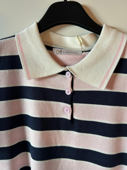 Polo en Maille "Chloé" – Rayures Marine & Rose Pastel