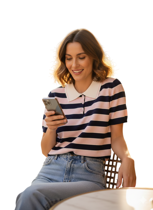 Polo en Maille "Chloé" – Rayures Marine & Rose Pastel